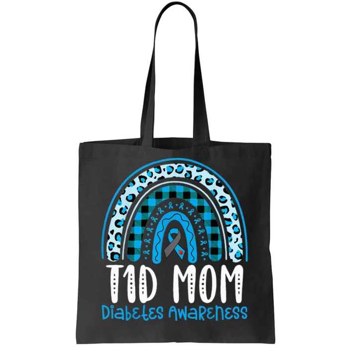 Type 1 Diabetes Awareness T1D Mom Blue Ribbon Rainbow Tote Bag