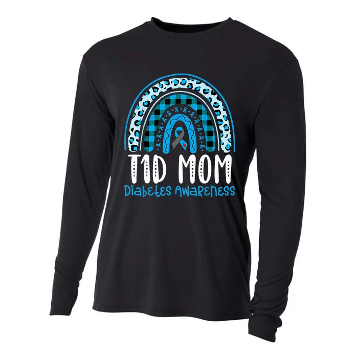 Type 1 Diabetes Awareness T1D Mom Blue Ribbon Rainbow Cooling Performance Long Sleeve Crew