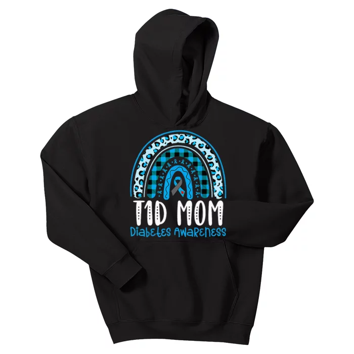 Type 1 Diabetes Awareness T1D Mom Blue Ribbon Rainbow Kids Hoodie