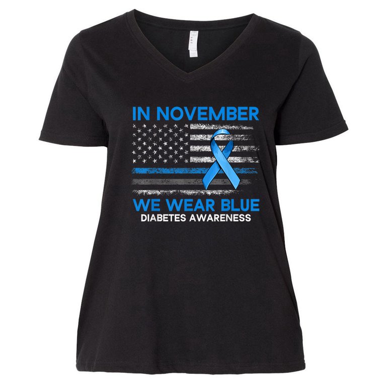 Type 1 Diabetes Awareness American US Flag Blue Ribbon Gifts Women's V-Neck Plus Size T-Shirt