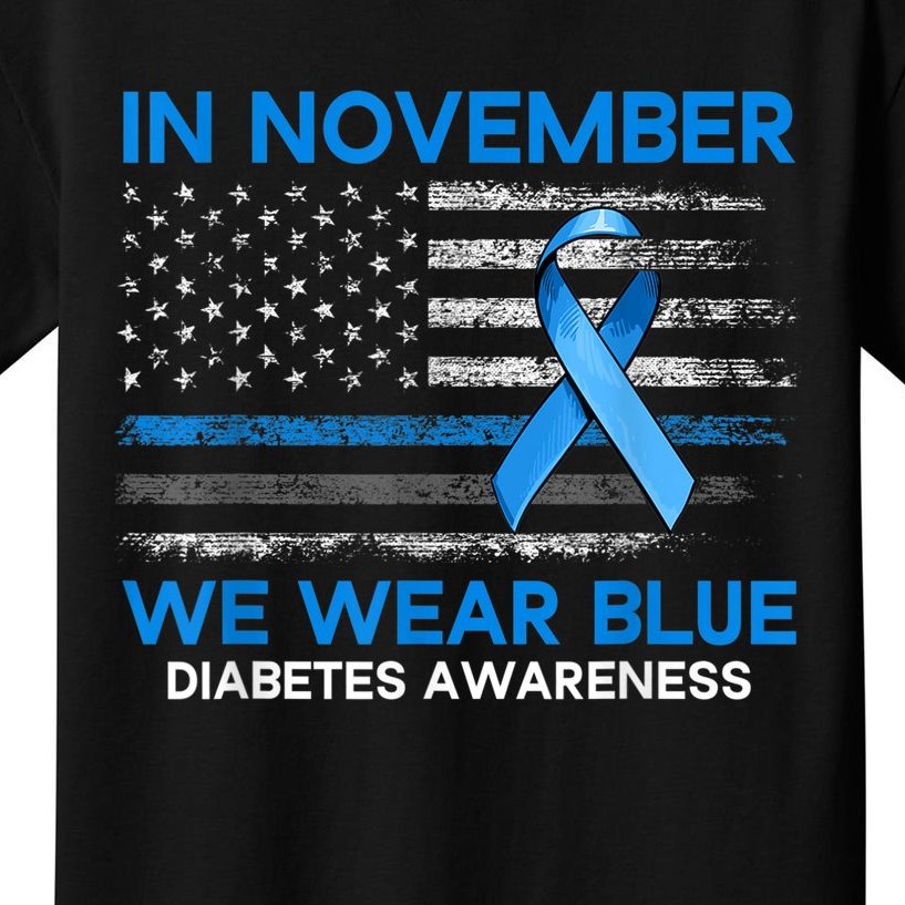 Type 1 Diabetes Awareness American US Flag Blue Ribbon Gifts Kids T-Shirt