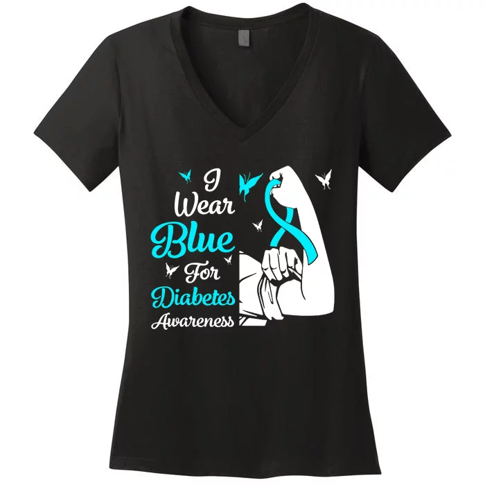 Type 1 Diabetes Awareness Bleached Rainbow Blue Ribbon Women's V-Neck T-Shirt