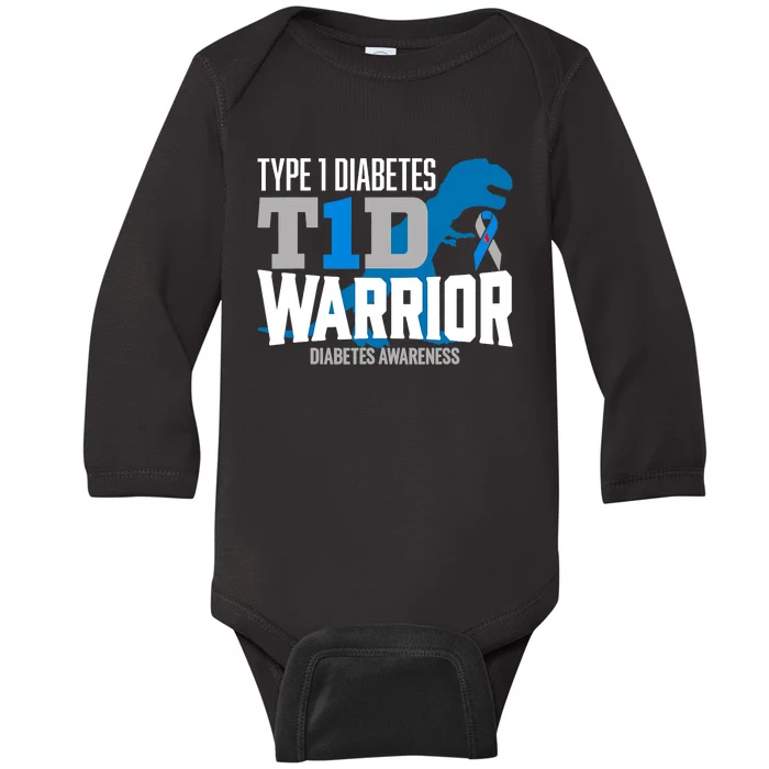 Type 1 Diabetes Awareness Ribbon T1D T Rex Dinosaur Baby Long Sleeve Bodysuit