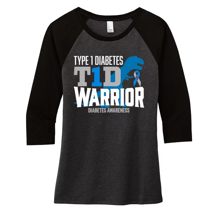 Type 1 Diabetes Awareness Ribbon T1D T Rex Dinosaur Women's Tri-Blend 3/4-Sleeve Raglan Shirt