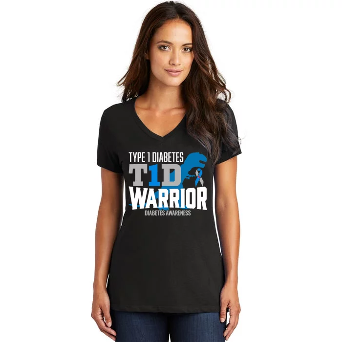 Type 1 Diabetes Awareness Ribbon T1D T Rex Dinosaur Women's V-Neck T-Shirt