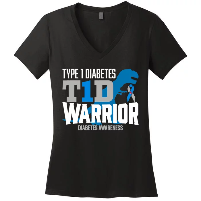 Type 1 Diabetes Awareness Ribbon T1D T Rex Dinosaur Women's V-Neck T-Shirt