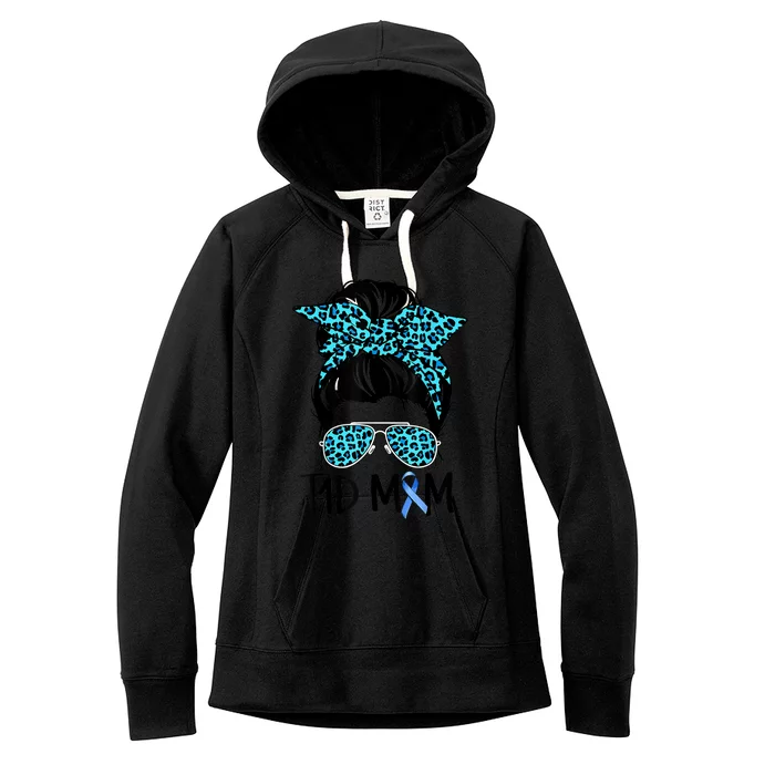 Type 1 Diabetes Awareness T1D Mom Messy Bun Blue Ribbon Women's Fleece Hoodie