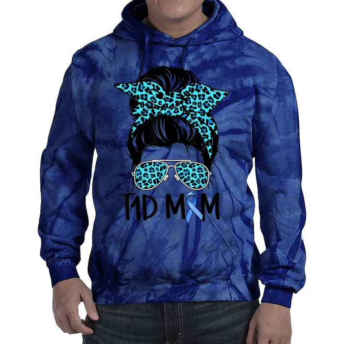 Type 1 Diabetes Awareness T1D Mom Messy Bun Blue Ribbon Tie Dye Hoodie