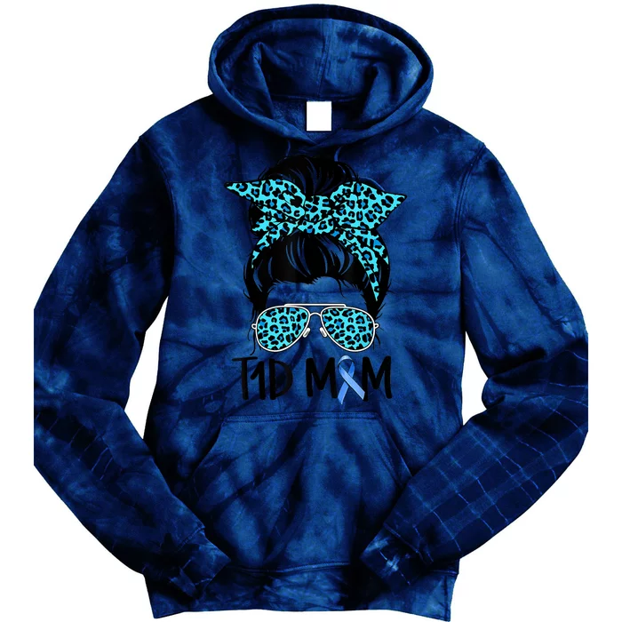 Type 1 Diabetes Awareness T1D Mom Messy Bun Blue Ribbon Tie Dye Hoodie