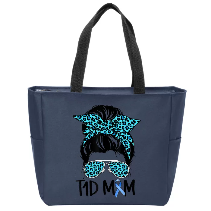 Type 1 Diabetes Awareness T1D Mom Messy Bun Blue Ribbon Zip Tote Bag