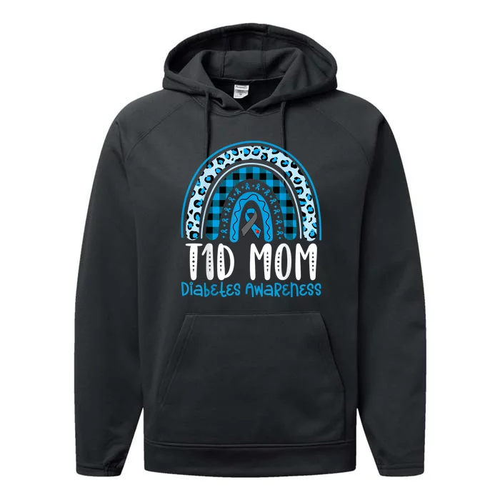 Type 1 Diabetes Awareness T1D Mom Blue Ribbon Rainbow Performance Fleece Hoodie