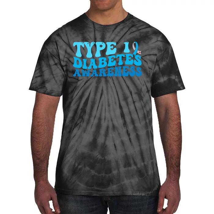 Type 1 One T1D Diabetes Awareness Retro Groovy Blue Diabetic Tie-Dye T-Shirt