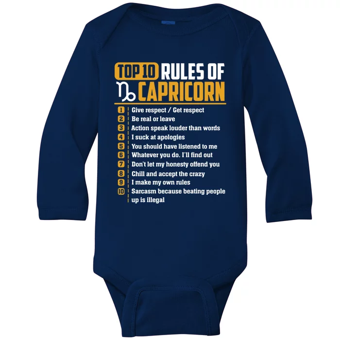 Top 10 Rules Of Capricorn Give Respect Get Respect Birthday Gift Baby Long Sleeve Bodysuit