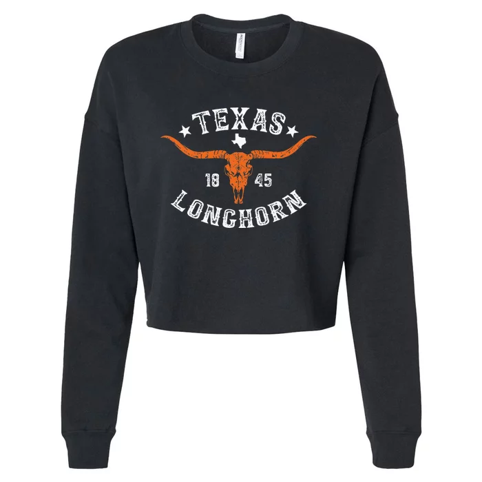 Texas 1845 Vintage Longhorn Cow And Rodeo Fan Cropped Pullover Crew