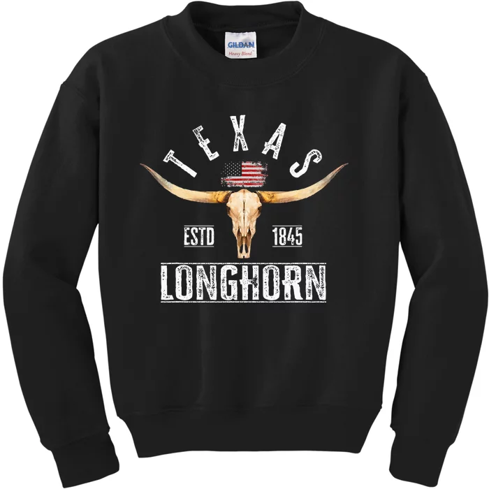 Texas 1845 Vintage With Longhorn Cattle Breed Kids Sweatshirt