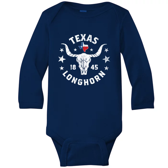 Texas 1845 Vintage Longhorn Cowboy And Rodeo Fan Baby Long Sleeve Bodysuit