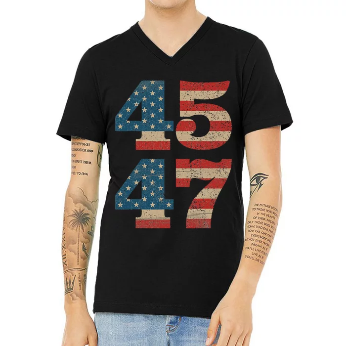 Trump 2024 45 47 Vintage American Flag Retro 4547 Trump 2024 V-Neck T-Shirt