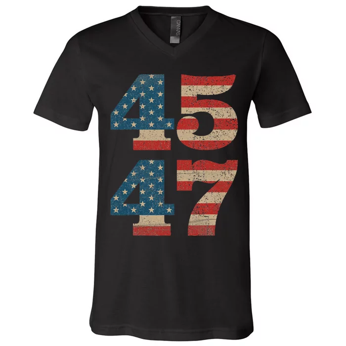 Trump 2024 45 47 Vintage American Flag Retro 4547 Trump 2024 V-Neck T-Shirt