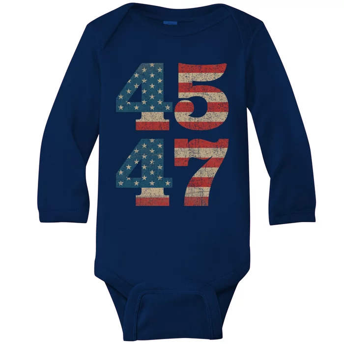 Trump 2024 45 47 Vintage American Flag Retro 4547 Trump 2024 Gift Baby Long Sleeve Bodysuit