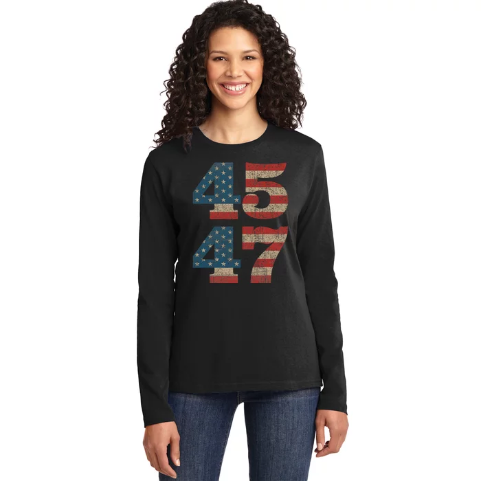 Trump 2024 45 47 Vintage American Flag Retro 45 47 Trump 2024 Ladies Long Sleeve Shirt