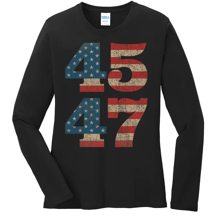 Trump 2024 45 47 Vintage American Flag Retro 45 47 Trump 2024 Ladies Long Sleeve Shirt