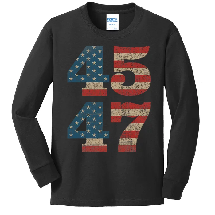 Trump 2024 45 47 Vintage American Flag Retro 45 47 Trump 2024 Kids Long Sleeve Shirt