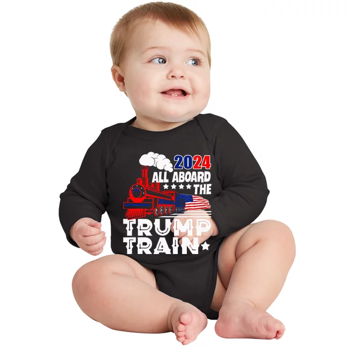 Trump 2024 All Aboard The Trump Train Usa American Flag Baby Long Sleeve Bodysuit