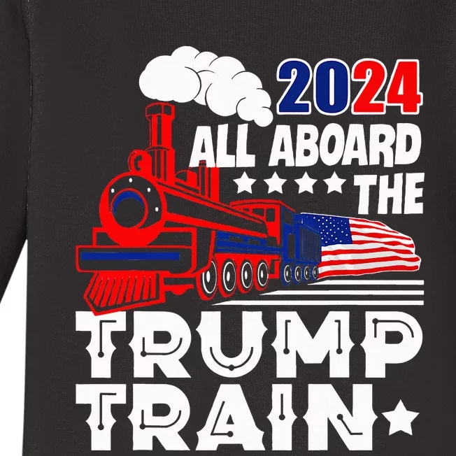 Trump 2024 All Aboard The Trump Train Usa American Flag Baby Long Sleeve Bodysuit