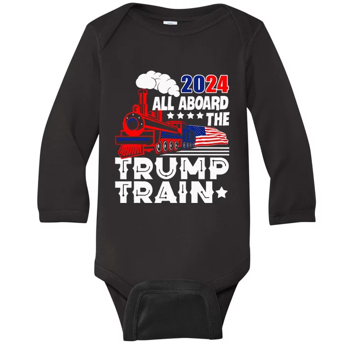 Trump 2024 All Aboard The Trump Train Usa American Flag Baby Long Sleeve Bodysuit