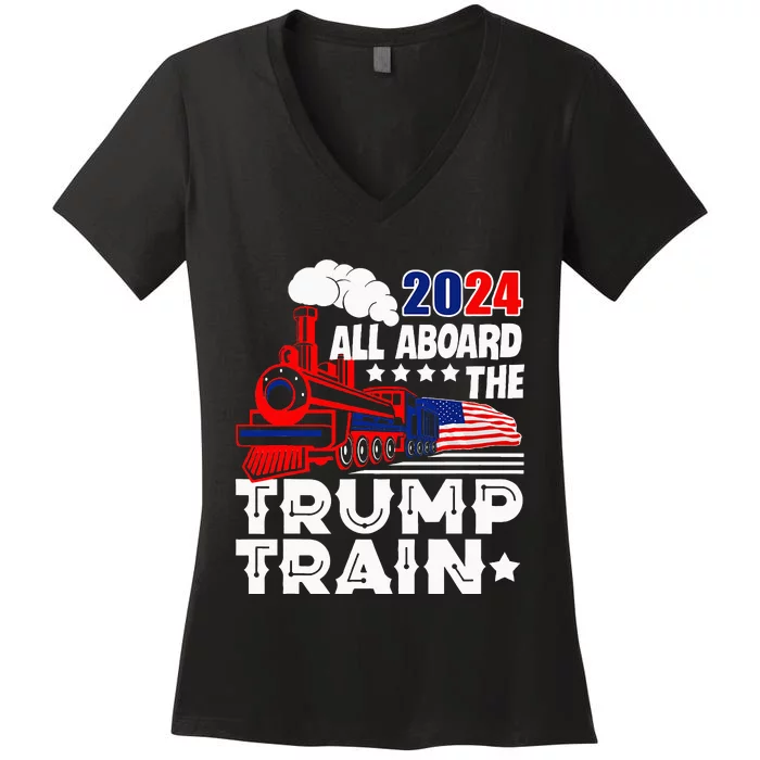 Trump 2024 All Aboard The Trump Train Usa American Flag Women's V-Neck T-Shirt