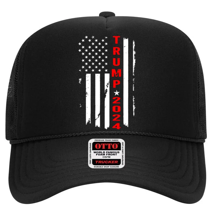 Trump 2024 American Flag Vintage High Crown Mesh Trucker Hat