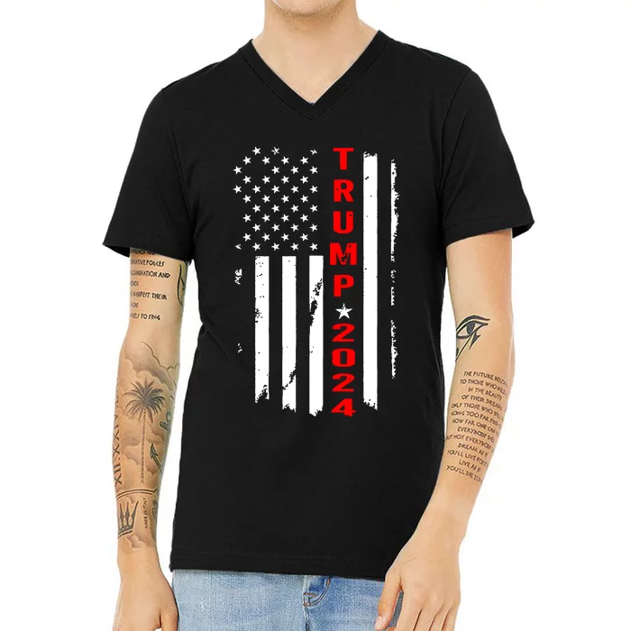 Trump 2024 American Flag Vintage V-Neck T-Shirt