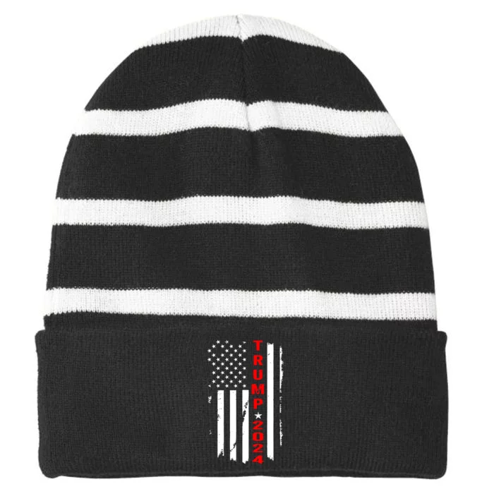 Trump 2024 American Flag Vintage Striped Beanie with Solid Band