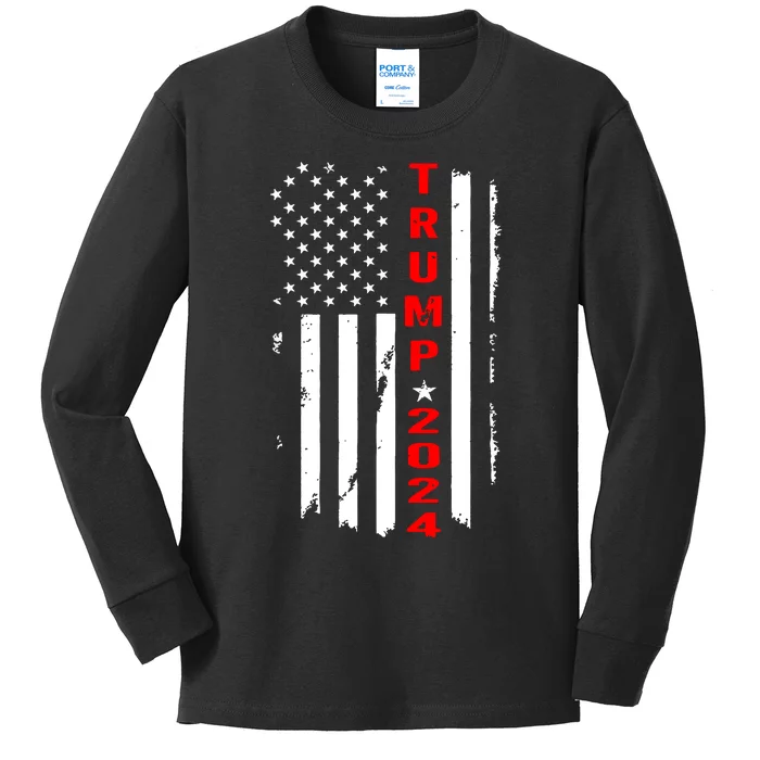 Trump 2024 American Flag Vintage Kids Long Sleeve Shirt