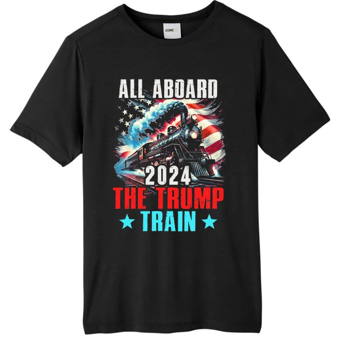 Trump 2024 All Aboard The Trump Train Us American Flag ChromaSoft Performance T-Shirt