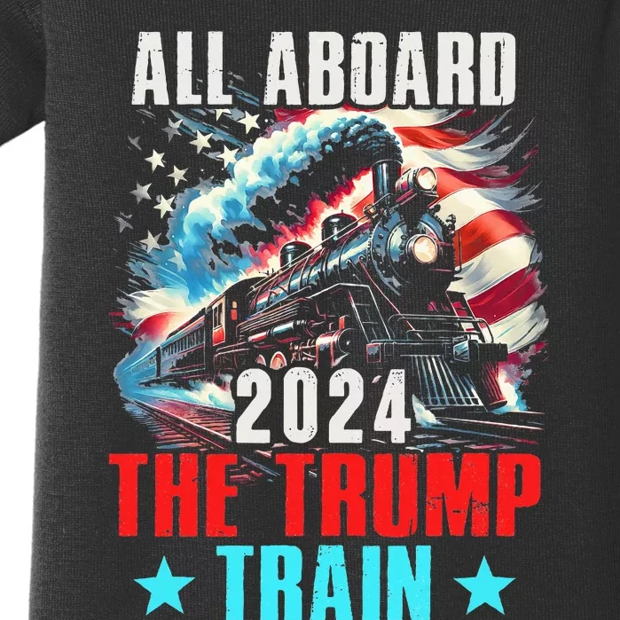 Trump 2024 All Aboard The Trump Train Us American Flag Baby Bodysuit