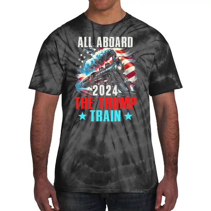 Trump 2024 All Aboard The Trump Train Us American Flag Tie-Dye T-Shirt