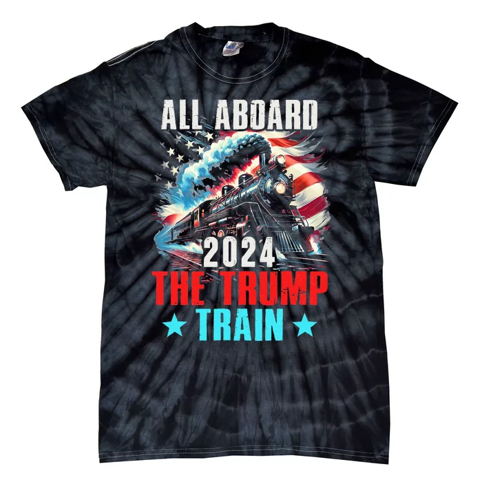 Trump 2024 All Aboard The Trump Train Us American Flag Tie-Dye T-Shirt