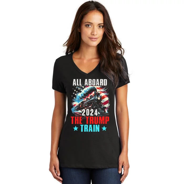 Trump 2024 All Aboard The Trump Train Us American Flag Women's V-Neck T-Shirt