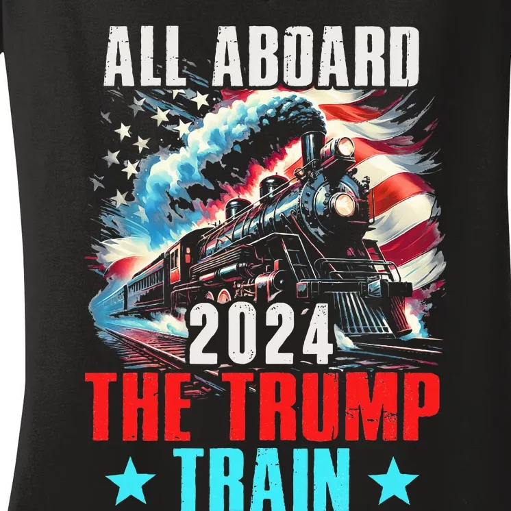 Trump 2024 All Aboard The Trump Train Us American Flag Women's V-Neck T-Shirt