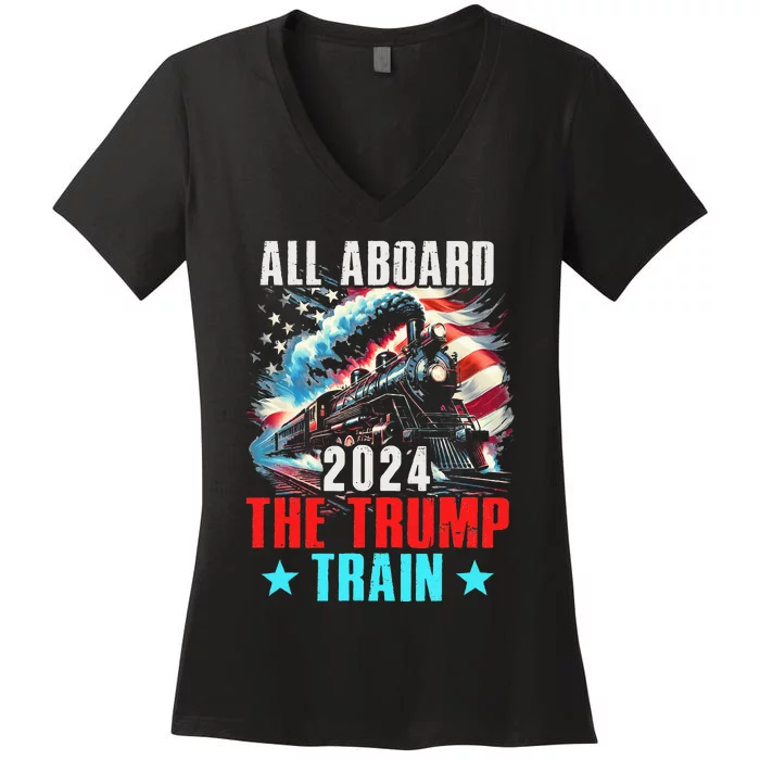 Trump 2024 All Aboard The Trump Train Us American Flag Women's V-Neck T-Shirt