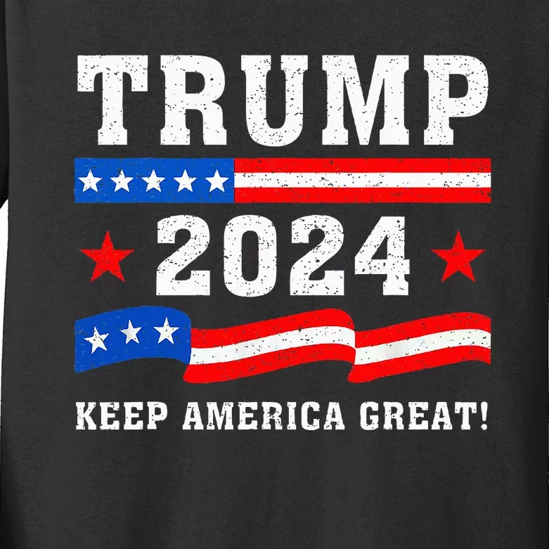 Trump 2024 American Flag Keep America Great! Prorepublican Kids Long Sleeve Shirt