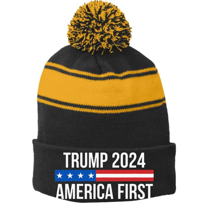 Trump 2024 America First Stripe Pom Pom Beanie