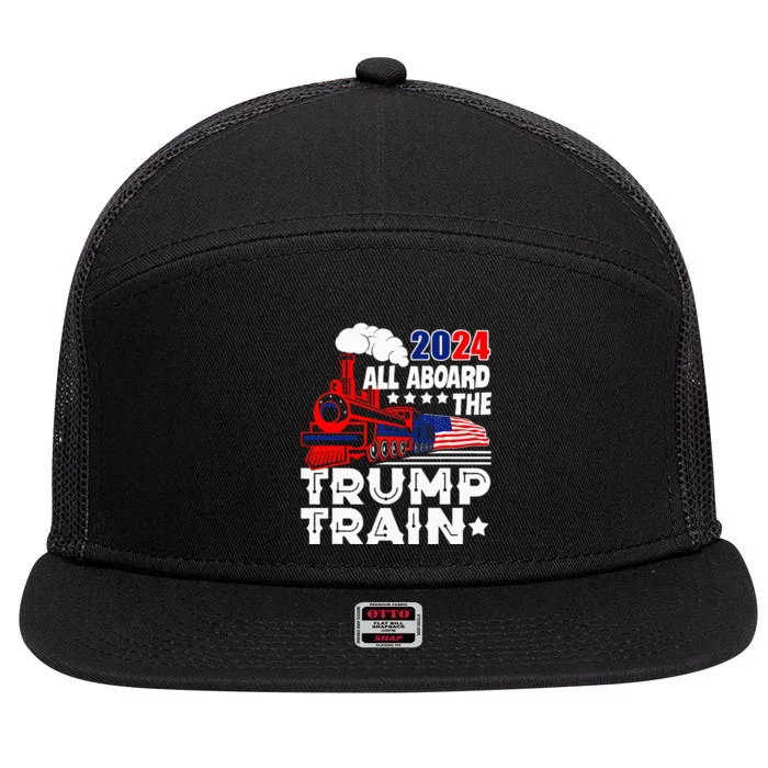 Trump 2024 All Aboard The Trump Train Usa American Flag 7 Panel Mesh Trucker Snapback Hat