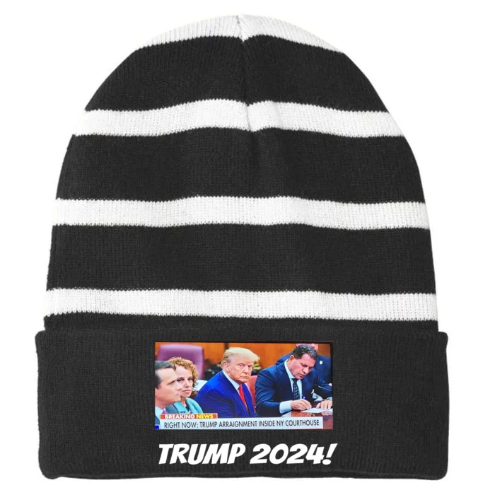 Trump 2024 Arraignment Inside Courthouse Striped Beanie with Solid Band