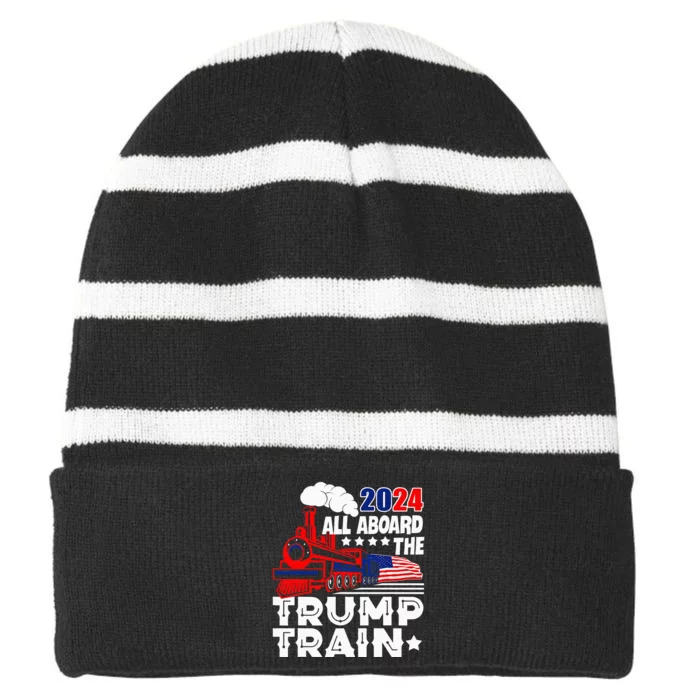 Trump 2024 All Aboard The Trump Train Usa American Flag Striped Beanie with Solid Band