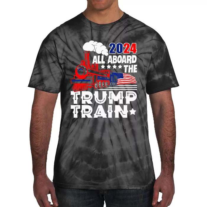 Trump 2024 All Aboard The Trump Train Usa American Flag Tie-Dye T-Shirt