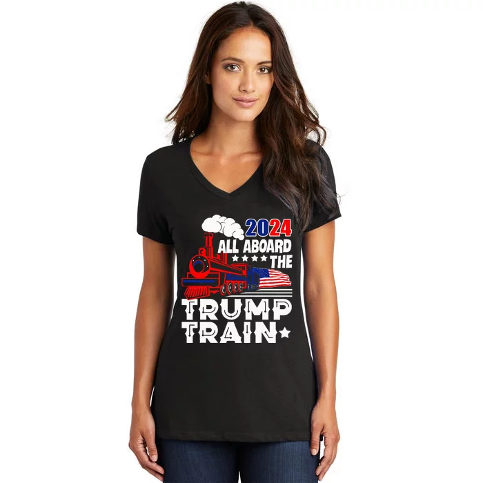 Trump 2024 All Aboard The Trump Train Usa American Flag Women's V-Neck T-Shirt