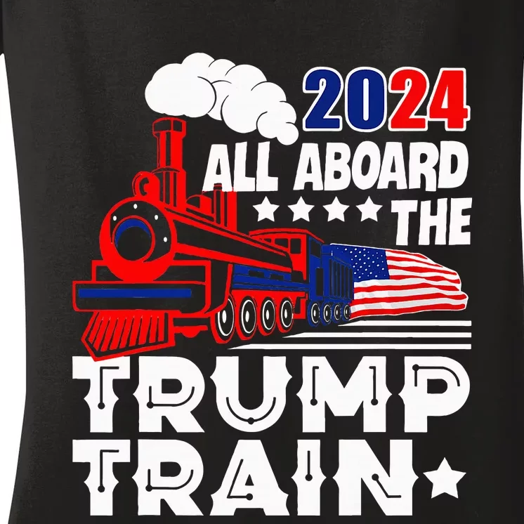 Trump 2024 All Aboard The Trump Train Usa American Flag Women's V-Neck T-Shirt