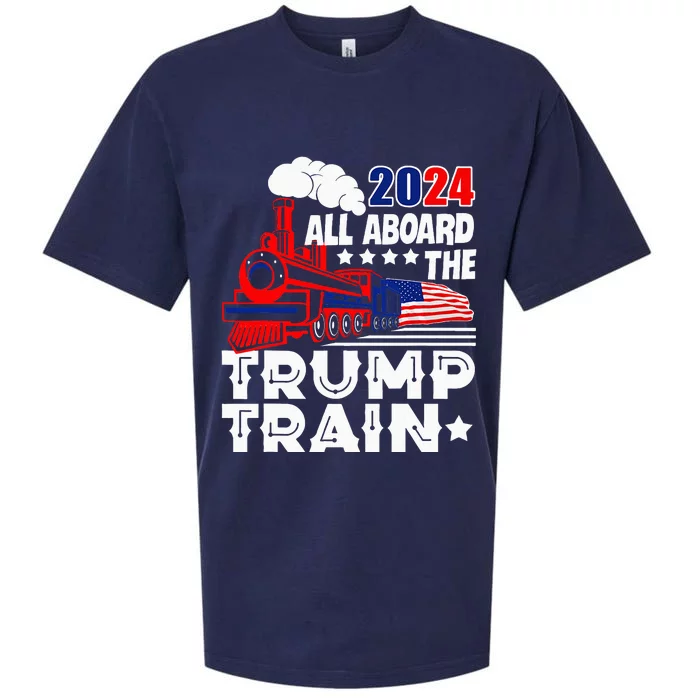 Trump 2024 All Aboard The Trump Train Usa American Flag Sueded Cloud Jersey T-Shirt